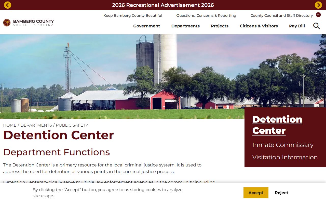 Bamberg County Detention Center page for inmate population and custody lookup