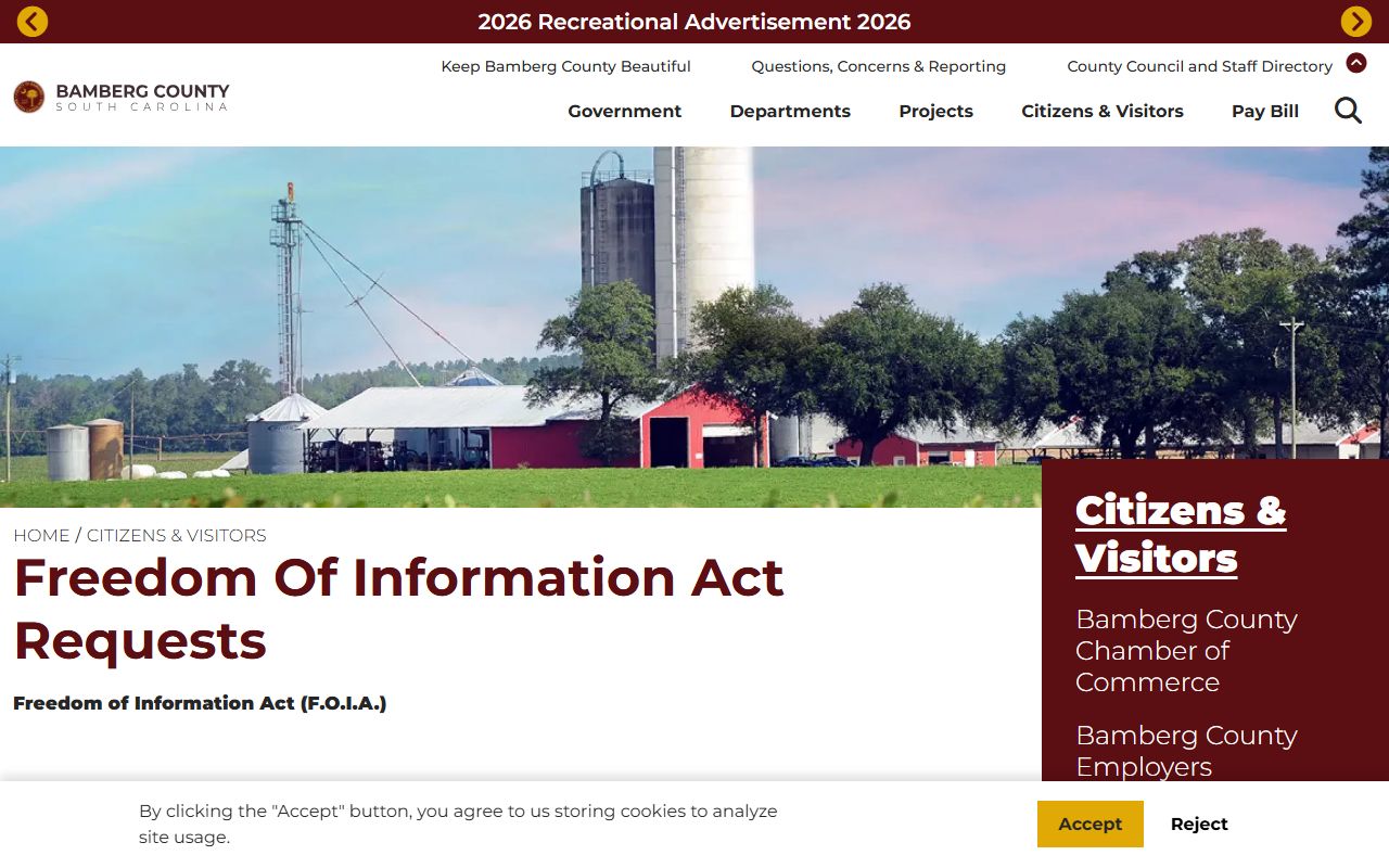 Bamberg County FOIA request page with instructions and fee schedule links