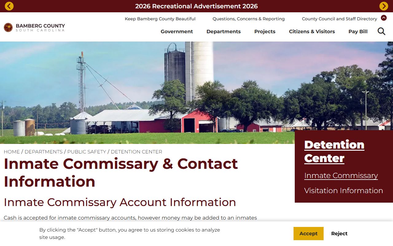 Bamberg County Detention Center commissary page with SmartDeposit and Securus information