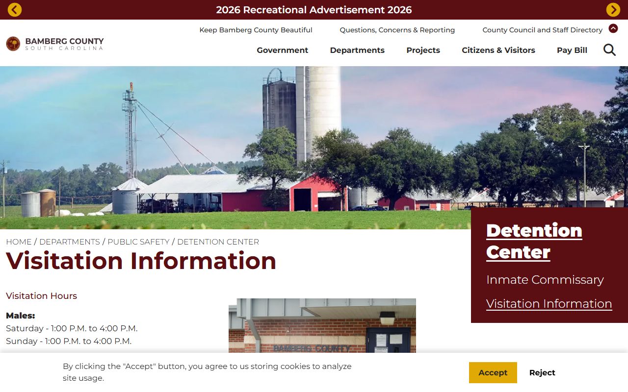 Bamberg County Detention Center visitation page with male and female weekend hours