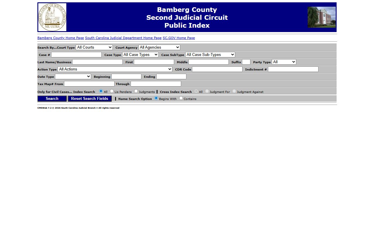 Bamberg County Judicial Branch public index search page